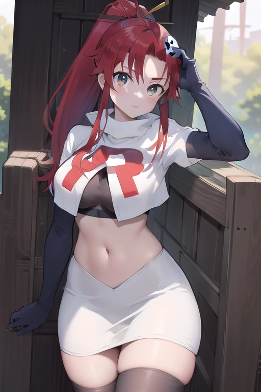 masterpiece, best quality, highres, yl1, ponytail, skull hair ornament, cowboy shot, outdoors, team rocket,team rocket uniform,white skirt,red letter R,crop top,black thigh-highs,black elbow gloves