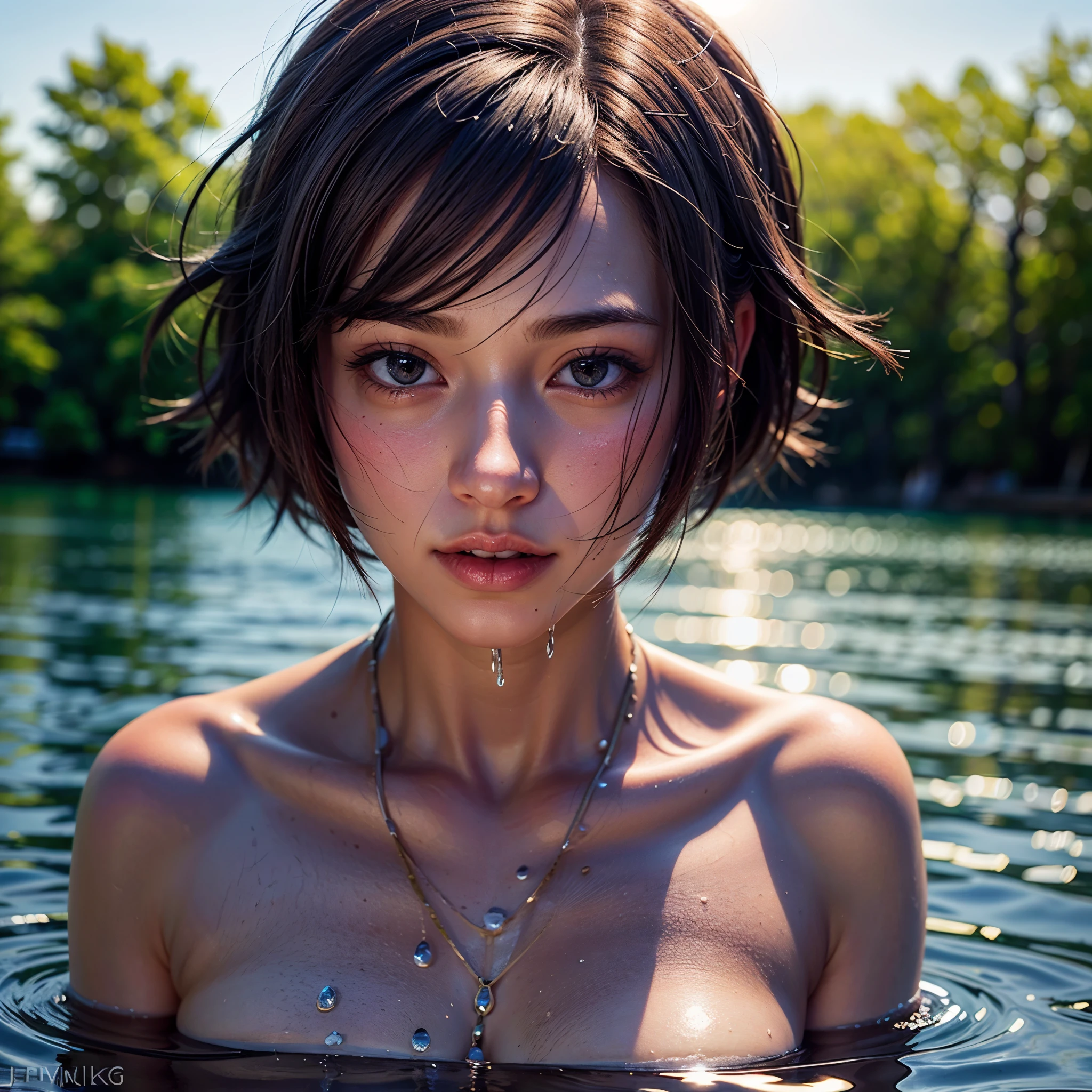 (((Misako Renbutsu)))Schöne junge Frau mit kurzen Haaren im See, äußerst zart und wunderschön,hervorragendes Licht und Schatten,Klares und helles Sonnenlicht, professionelles Porträt (Nahaufnahme des Gesichts von unten), Halbaktfotografie, Nahaufnahme, Porträt eines Badenden in einem See, bereits, ((Hintergrundbeleuchtung)) Glitzernde Wasseroberfläche mit Reflexion und Brechung, ((Eingeweichter Körper im Wasser)), (beltbra) Sichtbare obere Brüste, {Linsenreflexion|Shade|blühen|[chromatische Abweichung]}, Hochwertiges Meisterwerk der ultradetaillierten 8K-Digitalmalerei (von Jeremy Lipking)