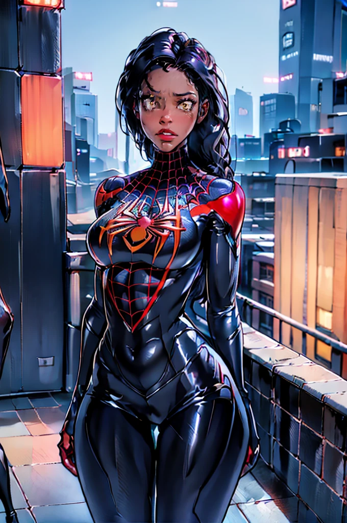 a 20 year old african american woman, beautiful detailed face, detailed eyes, long eyelashes, detailed lips, perfect hourglass figure, detailed braided hairstyle, grabbing own ass, scared facial expression, wearing spiderman suit with spider logo in miles morales colors, photo-realistic, highly detailed, 8k, best quality, dramatic lighting, cinematic composition