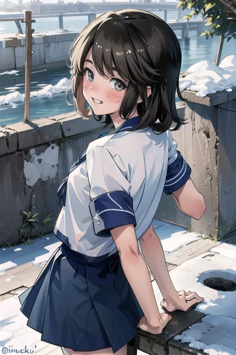 deep snow kc, one girl, solo white seravuk, , short sleeve, skirt, blue skirt, blue sailor collar, view your viewers,    port, p...