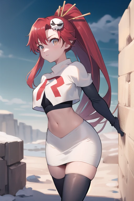 masterpiece, best quality, highres, yl1, ponytail, skull hair ornament, cowboy shot, outdoors, team rocket,team rocket uniform,white skirt,red letter R,crop top,black thigh-highs,black elbow gloves