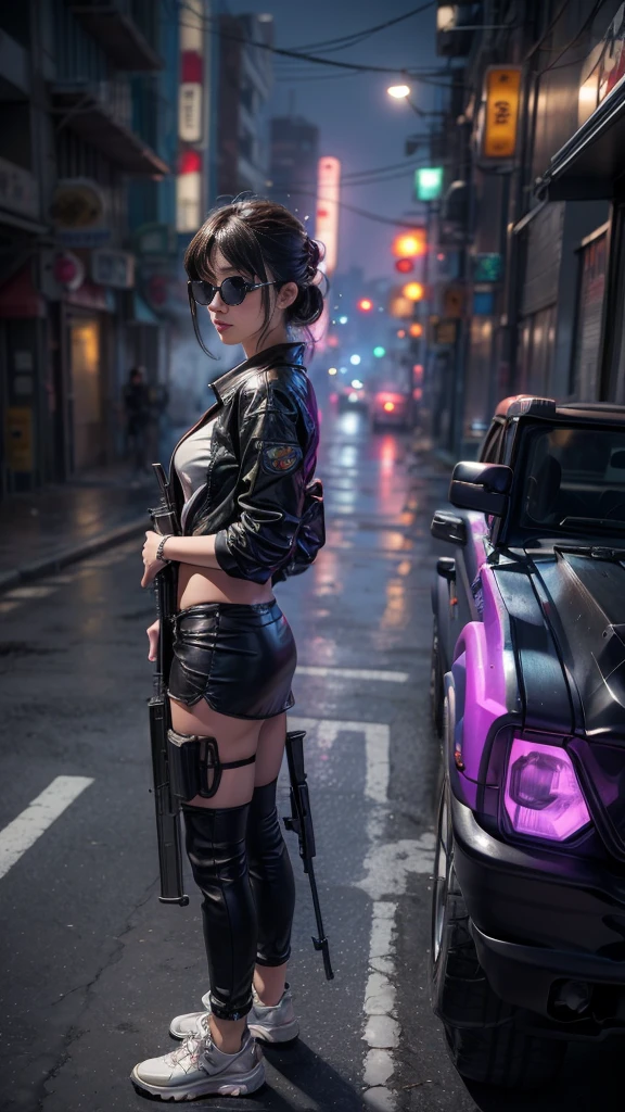 ８k, Realistic Skin Texture, Realistic Photo, Neo Tokyo, slim Japanese women, large-breast:1.3 cleavage, ＡＤ2050 at night, Dirty hunting jacket, Wearing shirt, miniskirt, (((micro black sunglasses, automatic rifle, sneakers, cold, shooting pose, low angle view))), Innovative composition, revenge, An old 1966 Ford Bronco that looks out of place in a city, cyberpunk, blade runner worldview, Large neon sign, Geisha hologram sign, Strong Wakamoto Sign.