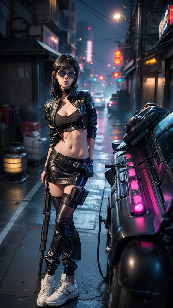 ８k, Realistic Skin Texture, Realistic Photo, Neo Tokyo, slim Japanese women, large-breast:1.3 cleavage, ＡＤ2050 at night, Dirty hunting jacket, Wearing shirt, miniskirt, (((micro black sunglasses, automatic rifle, sneakers, cold, shooting pose, low angle view))), Innovative composition, revenge, An old 1966 Ford Bronco that looks out of place in a city, cyberpunk, blade runner worldview, Large neon sign, Geisha hologram sign, Strong Wakamoto Sign.