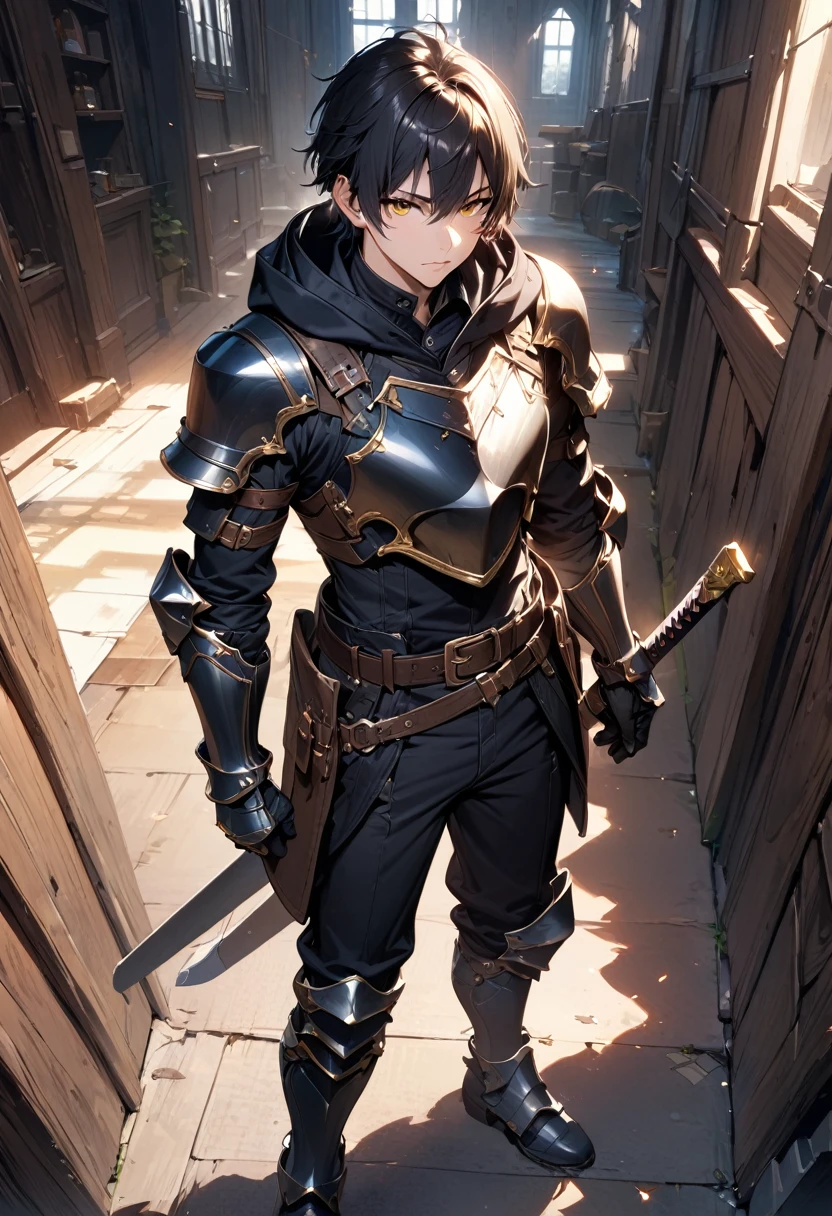 (masterpiece),(best quality),(ultra-detailed),(best illustration),(best shadow),(absurdres),(detailed background),(very aesthetic), 1boy, male-focus, black-hair, solo, armor, yellow-eyes, gauntlets, hood, holding, belt, black-pants, standing, boots, pants, short-hair, full-body, hoodie, armored-boots, breastplate, sheath, hood-down, black-hoodie, closed-mouth, gloves, looking-at-viewer, indoors, bangs
