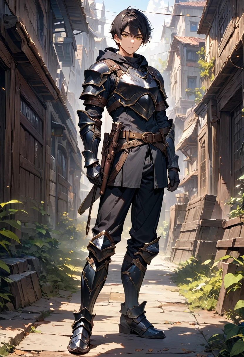 (masterpiece),(best quality),(ultra-detailed),(best illustration),(best shadow),(absurdres),(detailed background),(very aesthetic), 1boy, male-focus, black-hair, solo, armor, yellow-eyes, gauntlets, belt, black-pants, standing, boots, pants, short-hair, full-body, hoodie, armored-boots, breastplate, sheath, hood-down, black-hoodie, closed-mouth, gloves, looking-at-viewer, indoors,