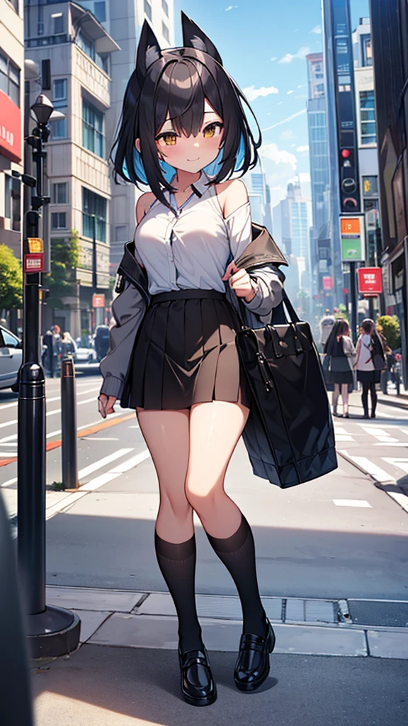 {{A fox spirit who put a girl to sleep and copied her appearance}}，One girl, black_skirt, green_hair, buildwg, city, cityscape, hair_between_eye, Jacket, Lookwg_w_Audience, Moderate_hair, multicoloured_hair, night, off_shoulder, (Black knee socks:1.2)，Outdoor, plewed_skirt, road, shirt, skirt, Skyscraper, smile, one person_concentrated, street, white_shirt，NSFW