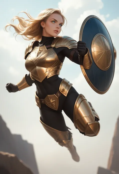 Female superhero, blonde hair, golden and black armor, flying, wearing round shield, blue eyes 