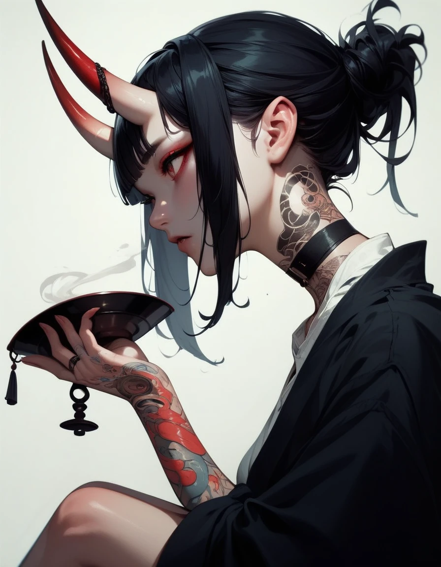 (score_9, score_8_up, score_7_up), zPDXL, 1 girl, alone, profile, pensive look, simple background, dark room, sitting on chair, snake eyes, upper body, tied hair, black hair, simple clothes, horns, white shirt, holding incense in hand, tattoos, incense releasing smoke, black choker, background of a room, red oni horns, face resting on hand, black kimono, blunt bangs, dark aura, tattoos all over body, side view