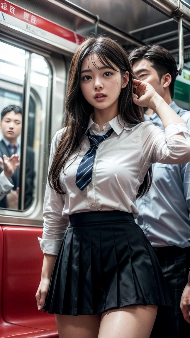 masterpiece, Highest quality, 8k, Young and beautiful girl, Baby Face、The clothes are big、photo shoot, Cute Face, Thighs, (((A lot of men、crowded train、in the train、Surrounded by men、Being touched、Being molested))) (((Embarrassing)))、Embarrassing、No makeup, 10 generations, Detailed face, Background Blur、Tight waist、((((School uniforms、White shirt、Checked mini skirt、Lift up your skirt、Showing pussy、Show me your pussy)))), short hair、Light brown hair、((痛みに耐えながら自分でLift up your skirtください..))、Bright classroom、Thighs、Spread your legs、short hair、(Droopy eyes、Round face、Lovely)、((Many Hands、Please touch my whole body))、(Please be molested by a lot of men、I&#39;ve been molested from behind)、genital、Sticky body、