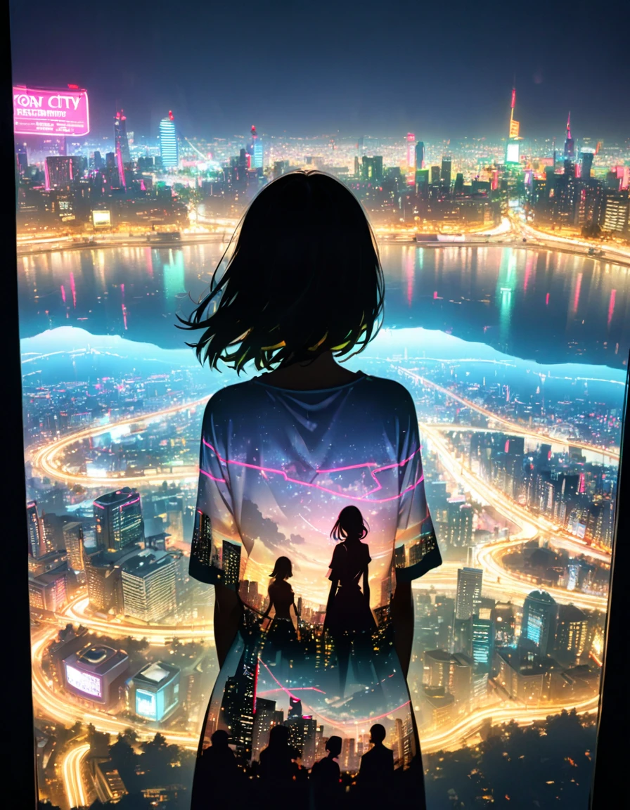 Close-up, double exposure, photoRealstic ((Multiple super exposure effect, in which the background is filled with neon city lights visible through clothing)), Young woman, Girl silhouette, city landscape in the background、wonderful, towards night vision, If you leave the shutter open too long、create a line of light.