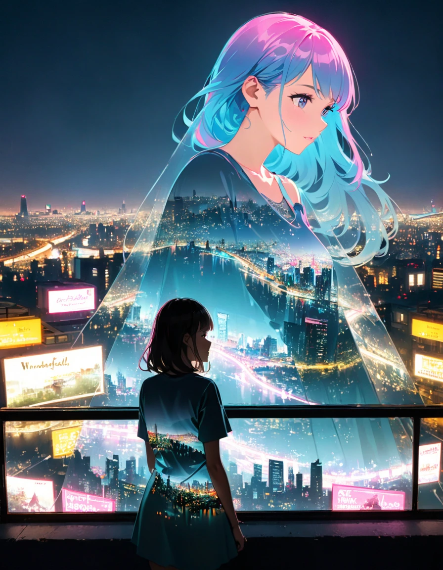 Close-up, double exposure, photoRealstic ((Multiple super exposure effect, in which the background is filled with neon city lights visible through clothing)), Young woman, Girl silhouette, city landscape in the background、wonderful, towards night vision, If you leave the shutter open too long、create a line of light.