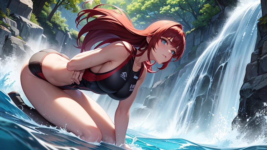 1_girl, solo, kei (dirty pair) (cosplay), 32-years-old femaile. Dark red long hair with bangs to the eyebrows. Wearing a black beach volleyball uniform , waterfall background, upper body portrait 