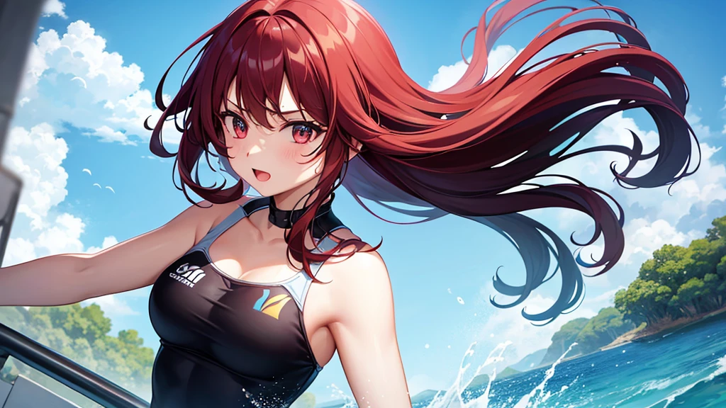 1_girl, solo, kei (dirty pair) (cosplay), 32-years-old femaile. Dark red long hair with bangs to the eyebrows. Wearing a black beach volleyball uniform , waterfall background, upper body portrait 