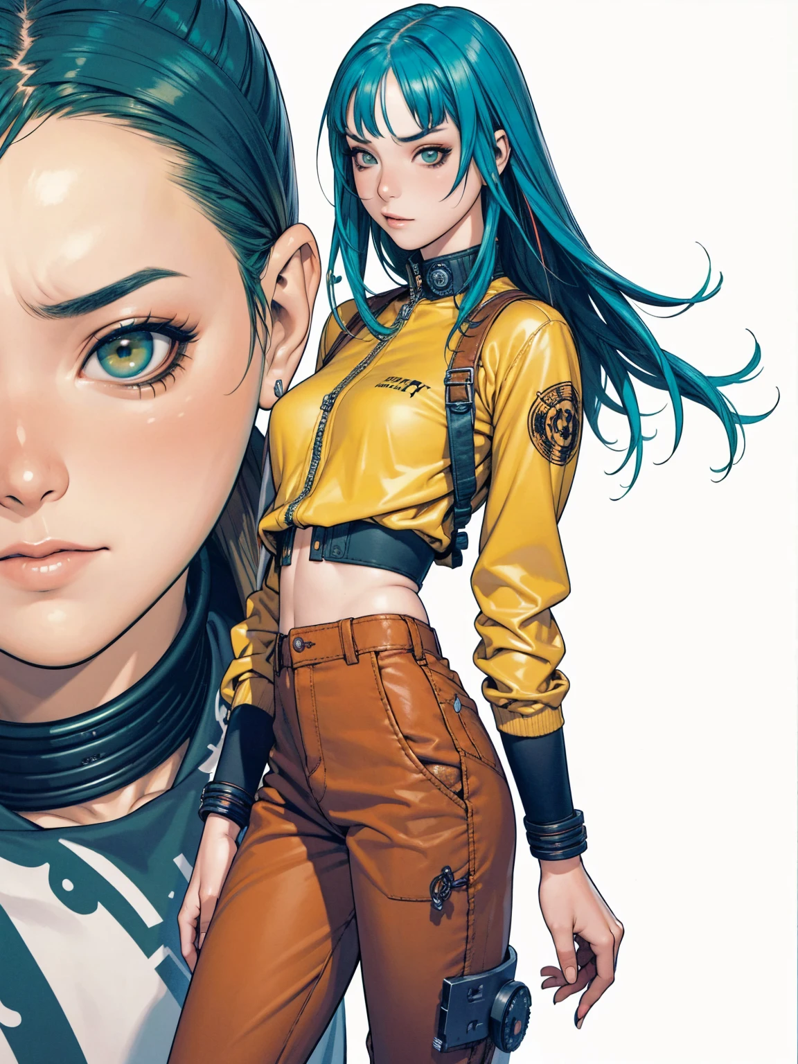 (best qualityer))), (((Yellow and black))), (((manga strokes))), (((blue green hair with red highlights))), (((baggy pants with bone print))), uma Kizi jovem muito bem vestida com roupas modernas de inverno, pants with military camouflage pattern, top gift vertical stripes, short jacket with dark fur collar, beautiful and expressive face, slightly-smile, big eyes with long black eyelashes, heavy make-up, chains and zippers spread across clothes, contrasting colours, pose de atitude, hair with a modern and futuristic cut, urban game poster art, dramatic camera angles, graffiti art elements in the background, design mixing contemporary and retro by Shepard Fairey, (((cowboy shot))), (((best qualityer: 1.4))), (Unbeatable masterpiece), (hiper HD),(CG 8k hyper-realistic), Kizi, (((standing alone))), pirralha violent, (((14歳))), sexly, pose de atitude, work of art, post-apocalypse, (((manga style))), bounty hunter, violent, Manic, the way you want, slenderbody, thin but strong, perfectbody, roupa moderna, advanced technology, neon, sleeves with vertical striped pattern, neutral background, (( cowboy shot )). intricate visual