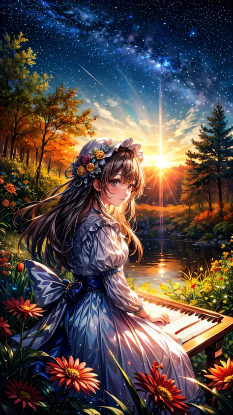 (((masterpiece)))、(((Highest quality)))、((Very detailed))、in the forest、Girl playing piano、play、Flowers Bloom、Calm、The light shi...