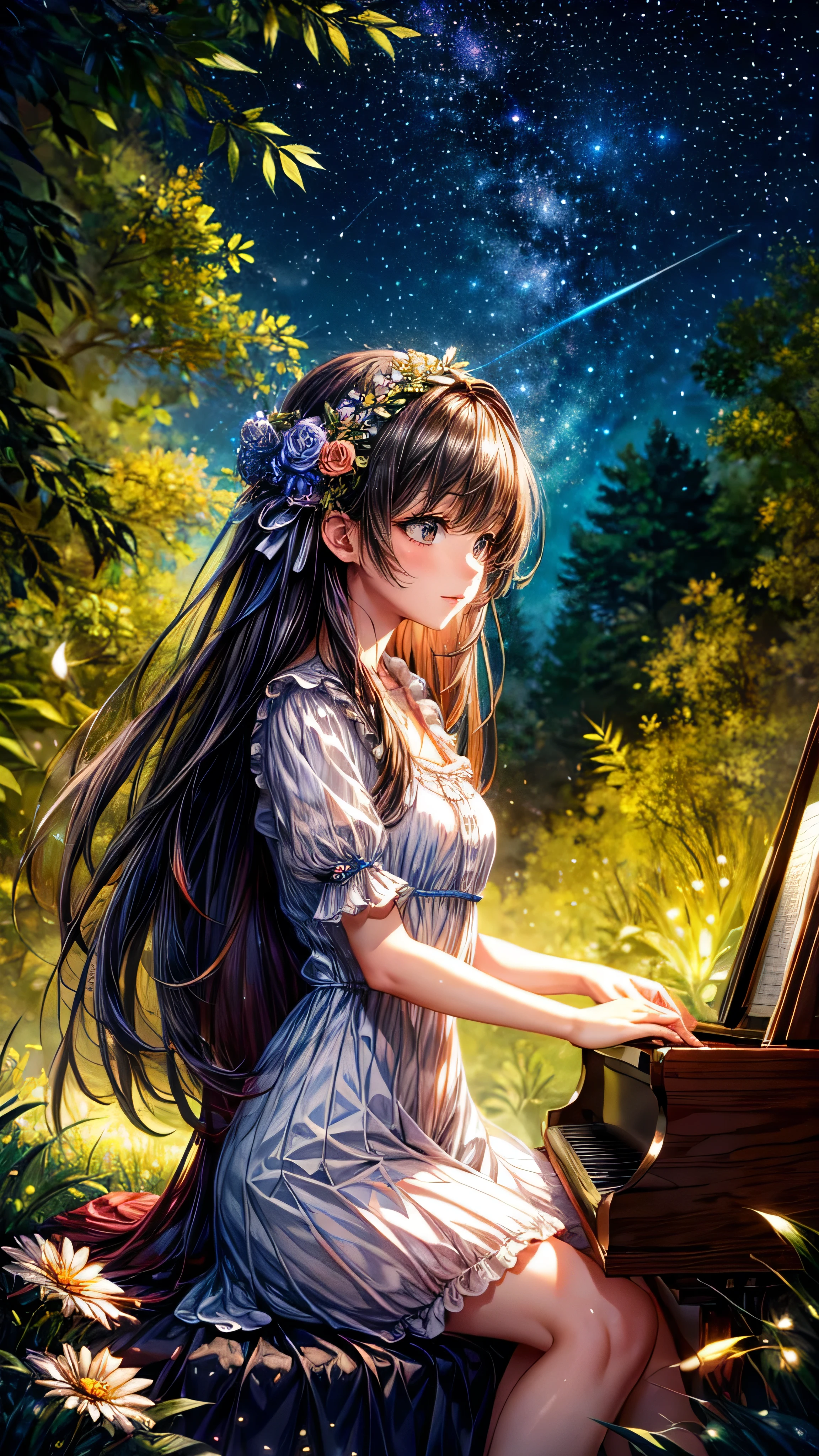 (((ผลงานชิ้นเอก)))、(((คุณภาพสูงสุด)))、((รายละเอียดมาก))、ในป่า、Girl เล่นing piano、เล่น、ดอกไม้บาน、เงียบสงบ、มีแสงสว่างส่องเข้ามา、ท้องฟ้าเต็มไปด้วยดวงดาว、ลมกำลังพัด、ผลงานชิ้นเอก,คุณภาพดีที่สุด,มีรายละเอียดมาก,ความละเอียดสูง,แนวตั้ง 8k,วอลล์เปเปอร์ความสามัคคี 8K,extremely detailed CG วอลล์เปเปอร์ความสามัคคี 8K