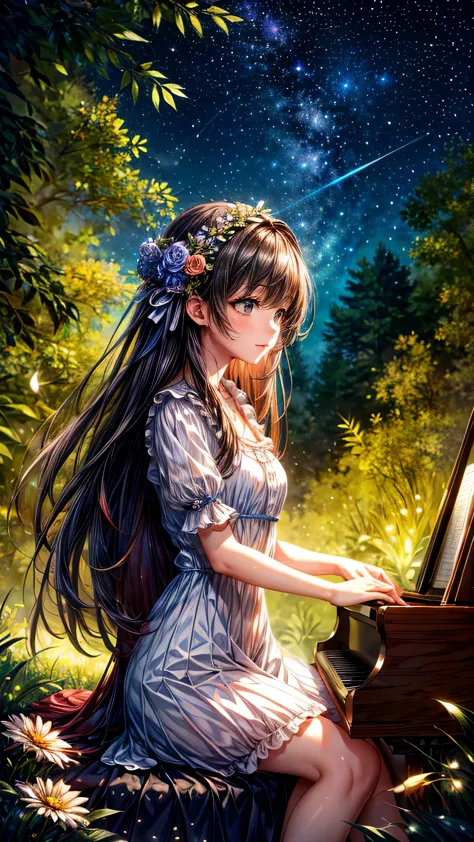 (((masterpiece)))、(((Highest quality)))、((Very detailed))、in the forest、Girl playing piano、play、Flowers Bloom、Calm、The light shi...