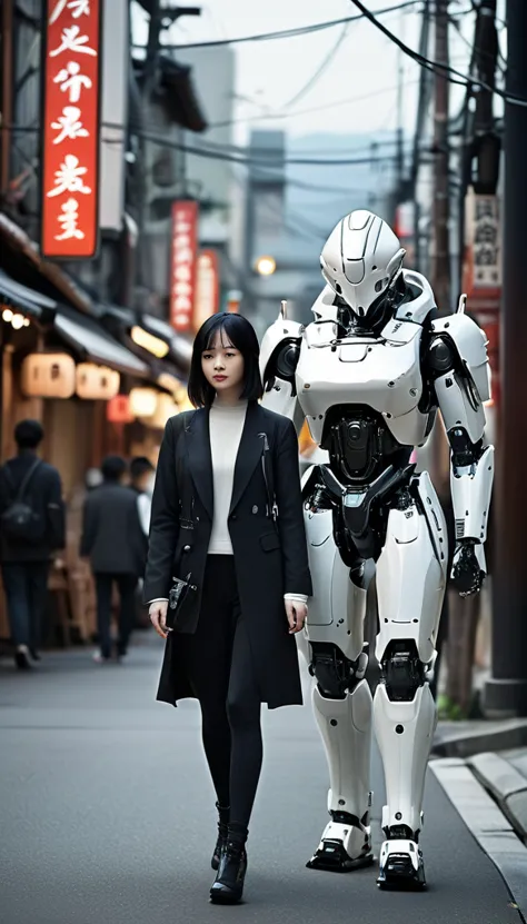 girl walking on the street holding a phone texting, , walking next to a highly detailed and realistic samurai robot bodyguard wi...