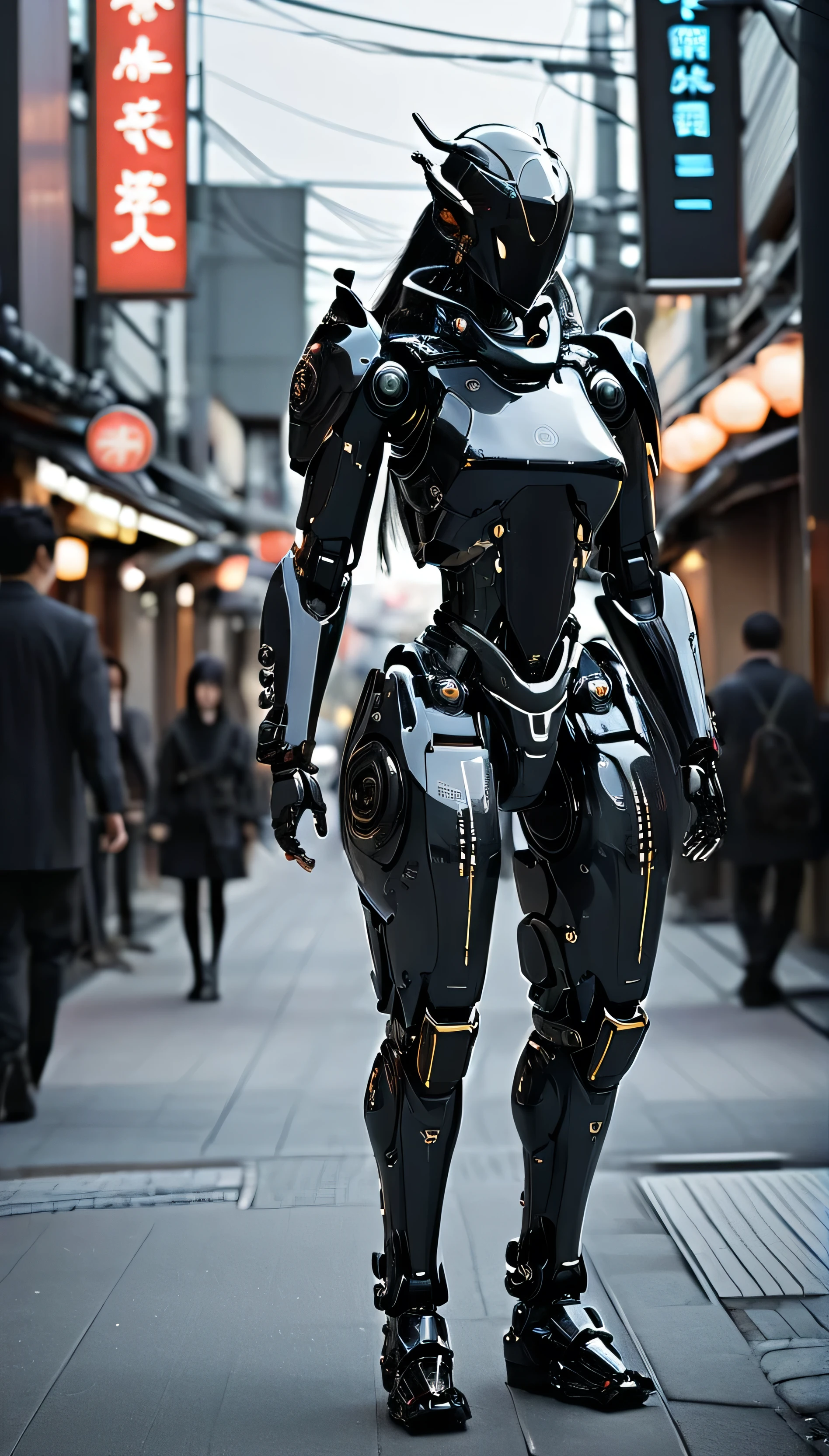 Girl walking on the street holding a phone texting, , walking next to a highly detailed and realistic samurai robot bodyguard with humanoid features. The setting is an urban street that appears to be in Japan, with a background of bright city lights and signs. The contrast between traditional clothing and futuristic robots will be striking, emphasizing the blend of historical culture with cutting-edge technology.katana ,