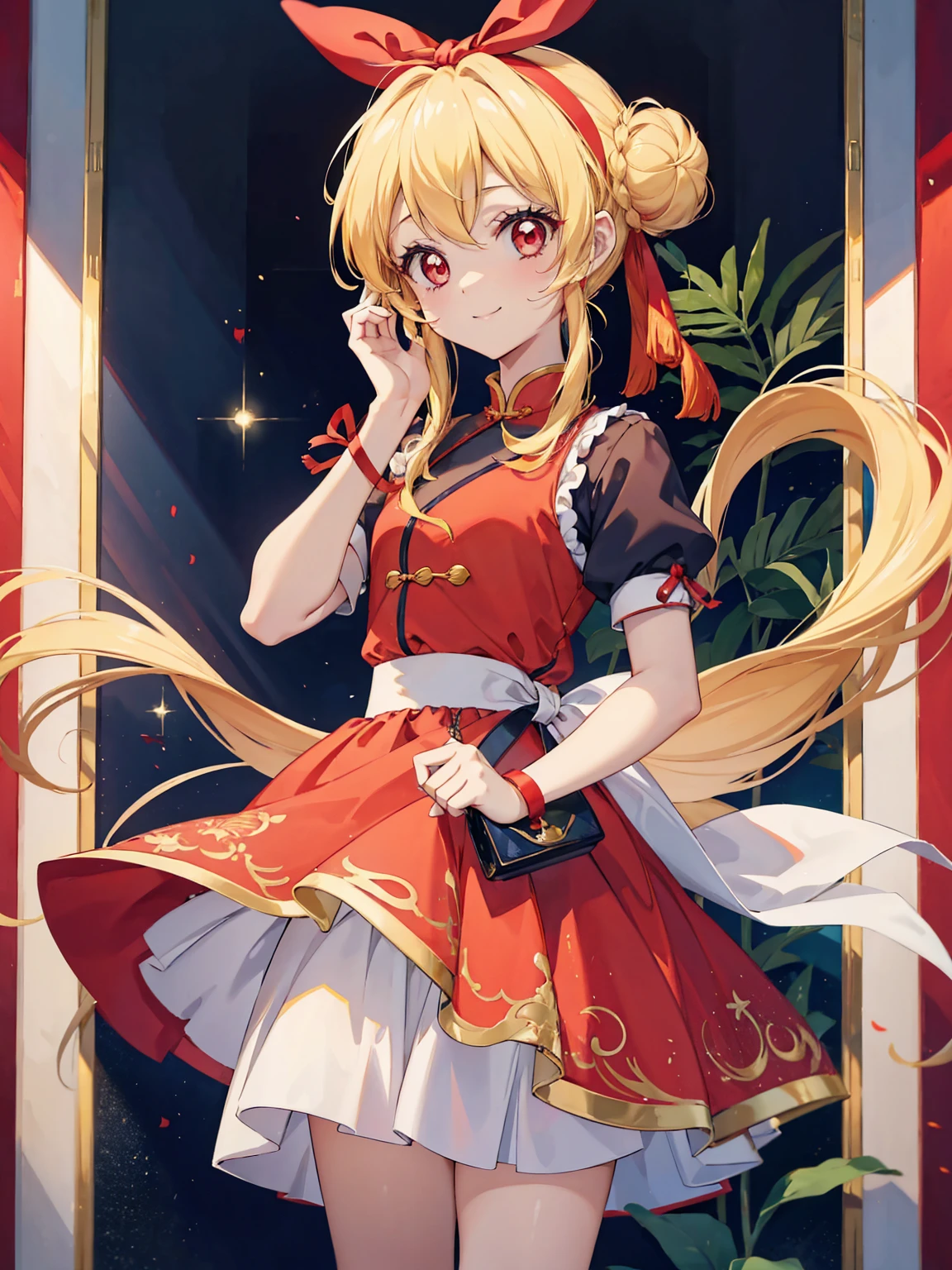 (RED Ribbon on HAIRband:1.2),an anime character wearing white shorts and white hair standing next to a painting, 1girl, double bun, solo, hair bun, chinese clothes, long hair, smile, Blonde hair, RED eyes, shampoo (ranma 1/2)Style, looking at viewer, dress,Shampoo Ranma,Ichigo Hoshimiya (Aikatsu!),china dress