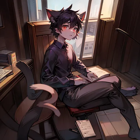 a half-demon humanoid cat, he is a writer, he&#39;s in a room writing a poem