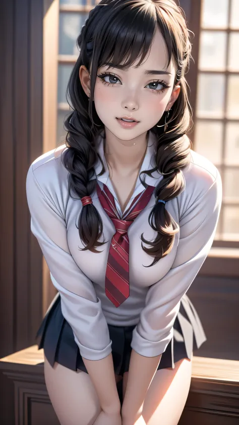 high school girl,(leaning forward:1.2),(random hairstyle),(highest image quality,(8k), ultra-realistic, best quality, high quali...