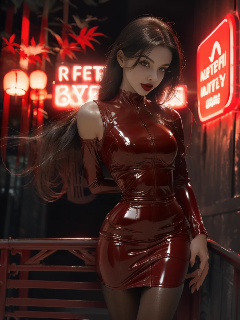 araffe in a red Latex outfit walking down a street, ein Porträt von Eve Ryder, Reddit, fantastischer Realismus, Latex dress, Latex outfits, Sukkubus im engen kurzen Kleid, Latex shiny, glühend heiß, sehr sexy Teufelskostüm, Latex, wearing Latex, sexy rotes Kleid, metallic red, rubber and Latex, alles rot, sexy Kleid, Latex domme