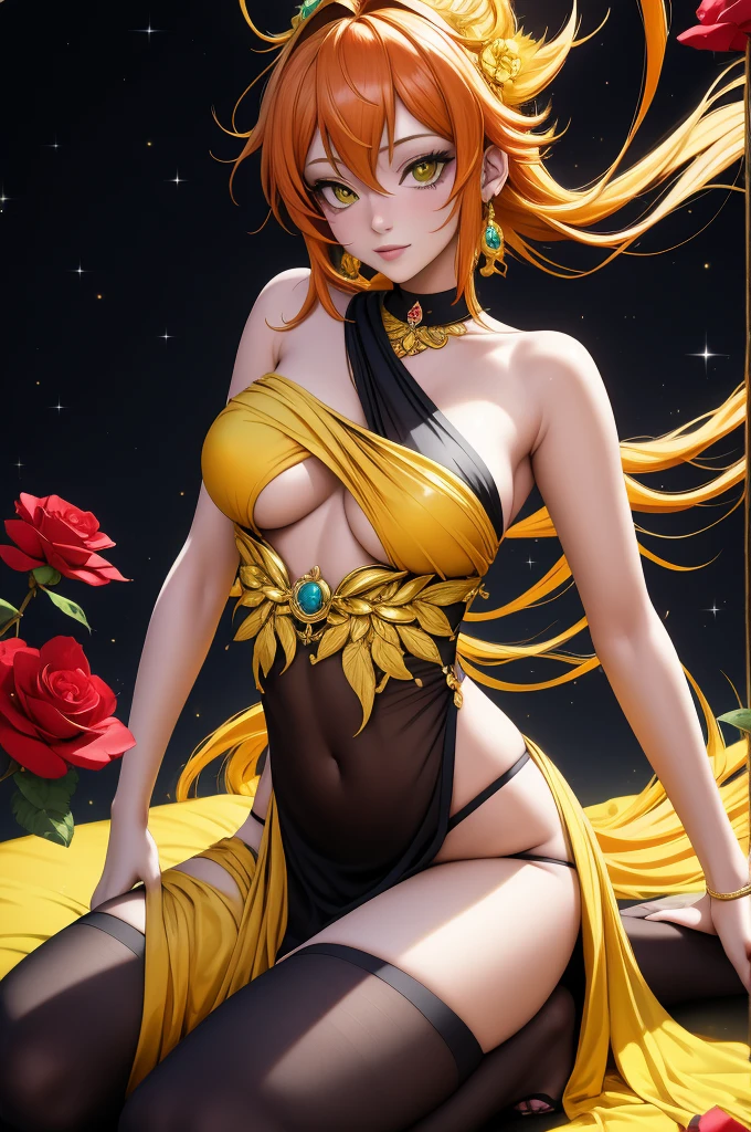 Exquisite and charming anime style illustration, Nami cat fusão com "Broly sexy" dark fênix in the black roses bed, a beautiful girl with gold yellow neon fire hair, red big perfect eye, half body, hiding in the flowers dark black , colorful and dazzling black . Intricate details, rendering and painting techniques come together to create a mesmerizing scene that evokes elegance and otherworldly elegance.