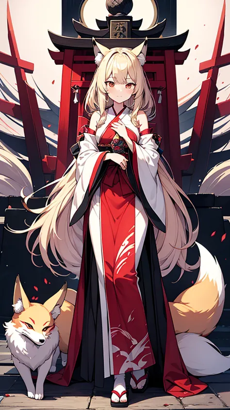 full body image，{{a fox spirit that took over the body of a shrine maiden and transformed it into her own face and chest.}}，one ...