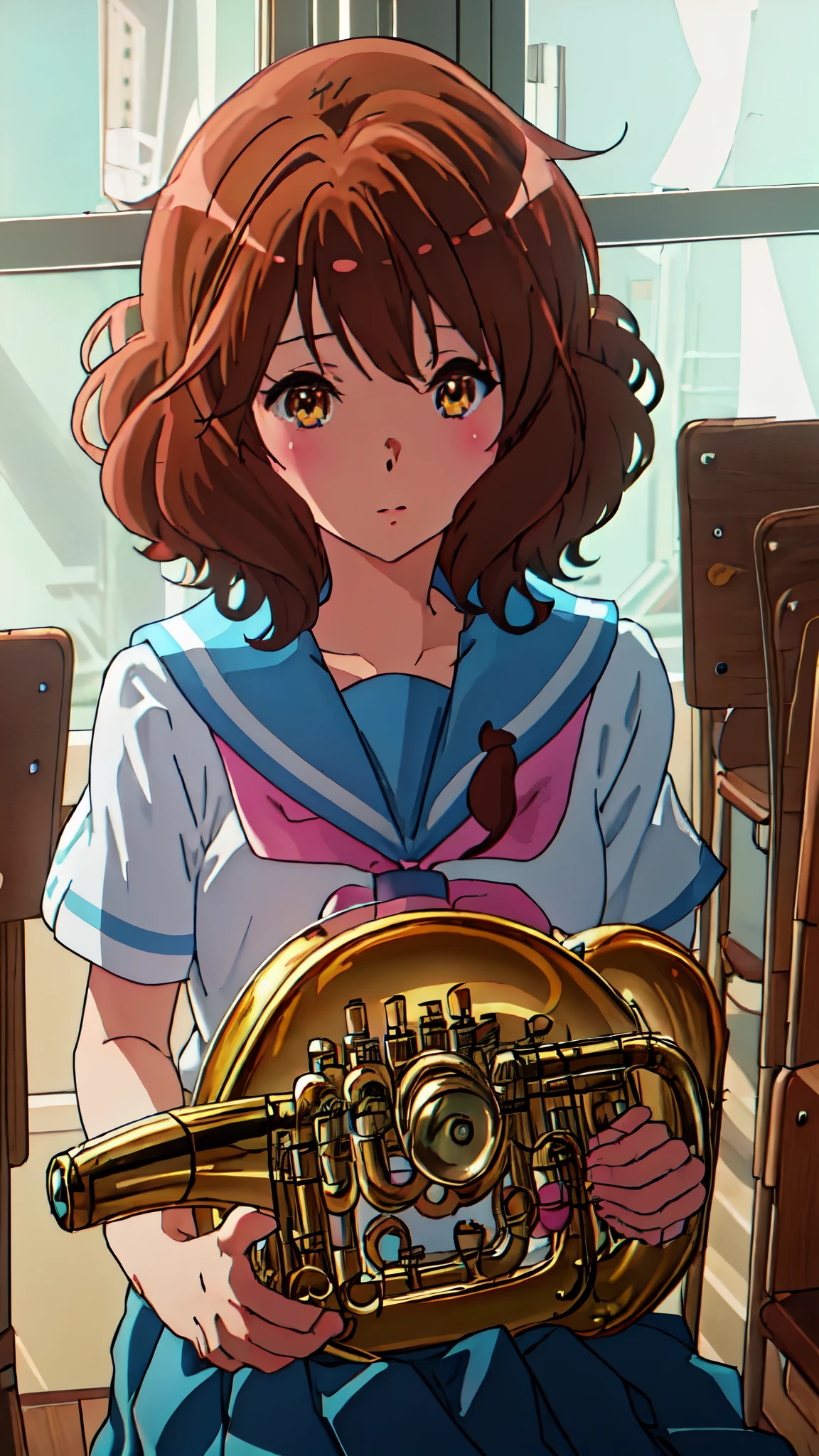 best quality, masterpiece, highres, solo, {oumae_kumiko_soundeuphonium:1.15}, brown_hair, short_hair, brown_eyes, blush, serafuku, bangs, closed_mouth, 1girl, blue_sailor_collar, holding_instrument, instrument, kitauji_high_school_uniform, sailor_collar, school_uniform, shirt, holding, looking_at_viewer, neckerchief, white_shirt, indoors, pink_neckerchief