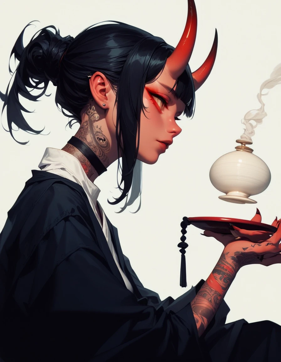 (score_9, score_8_up, score_7_up), zPDXL, 1 girl, alone, profile, pensive look, simple background, dark room, sitting on chair, snake eyes, upper body, tied hair, black hair, simple clothes, horns, white shirt, holding incense, tattoos, incense releasing smoke, black choker, background of a room, red oni horns, face resting on hand, black kimono, blunt bangs, dark aura, tattoos all over body, side view