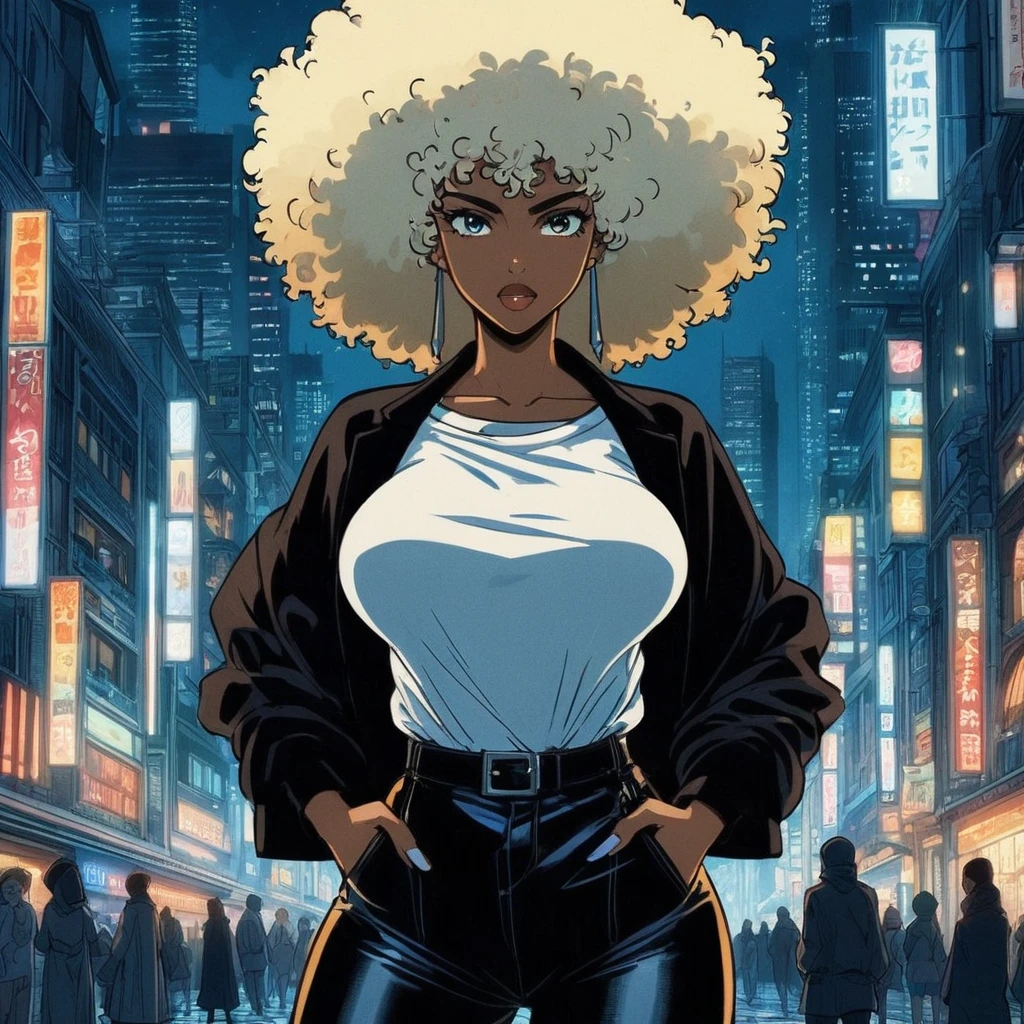 A mixed race woman with blond Afro with black jacket and white teeshirt, a white guy with turban on his head, by night in an old mystical shop, anime style, manga style, 