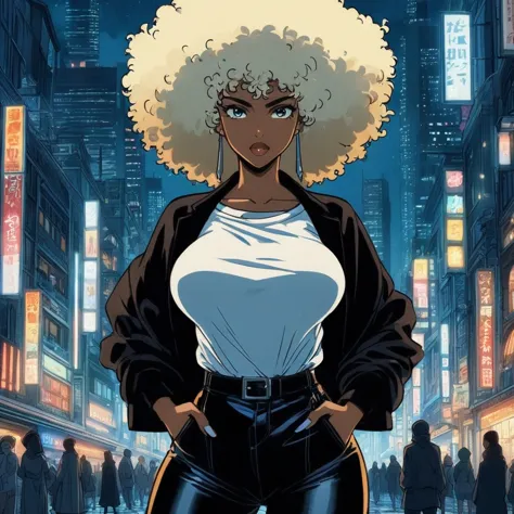 A mixed race woman with blond Afro with black jacket and white teeshirt, a white guy with turban on his head, by night in an old...