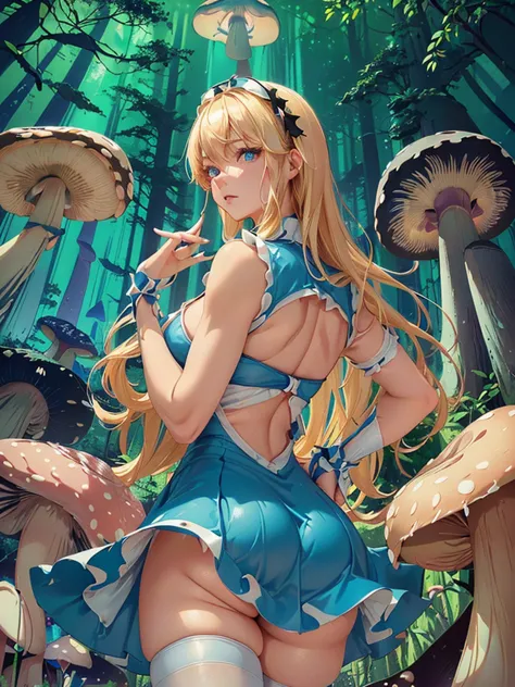 work of art, character ,Alice in Wonderland, short blue dress with cleavage busty, white thigh socks, long yellow hair, ,(The da...