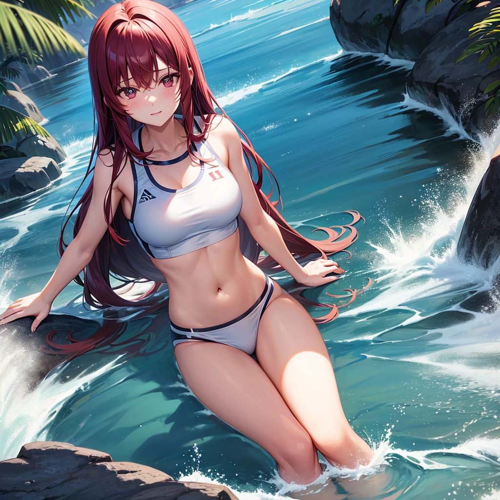 1_girl, solo, kei (dirty pair) (cosplay), 32-years-old femaile. Dark red long hair with bangs to the eyebrows. Wearing a black beach volleyball uniform , waterfall background, upper body portrait 