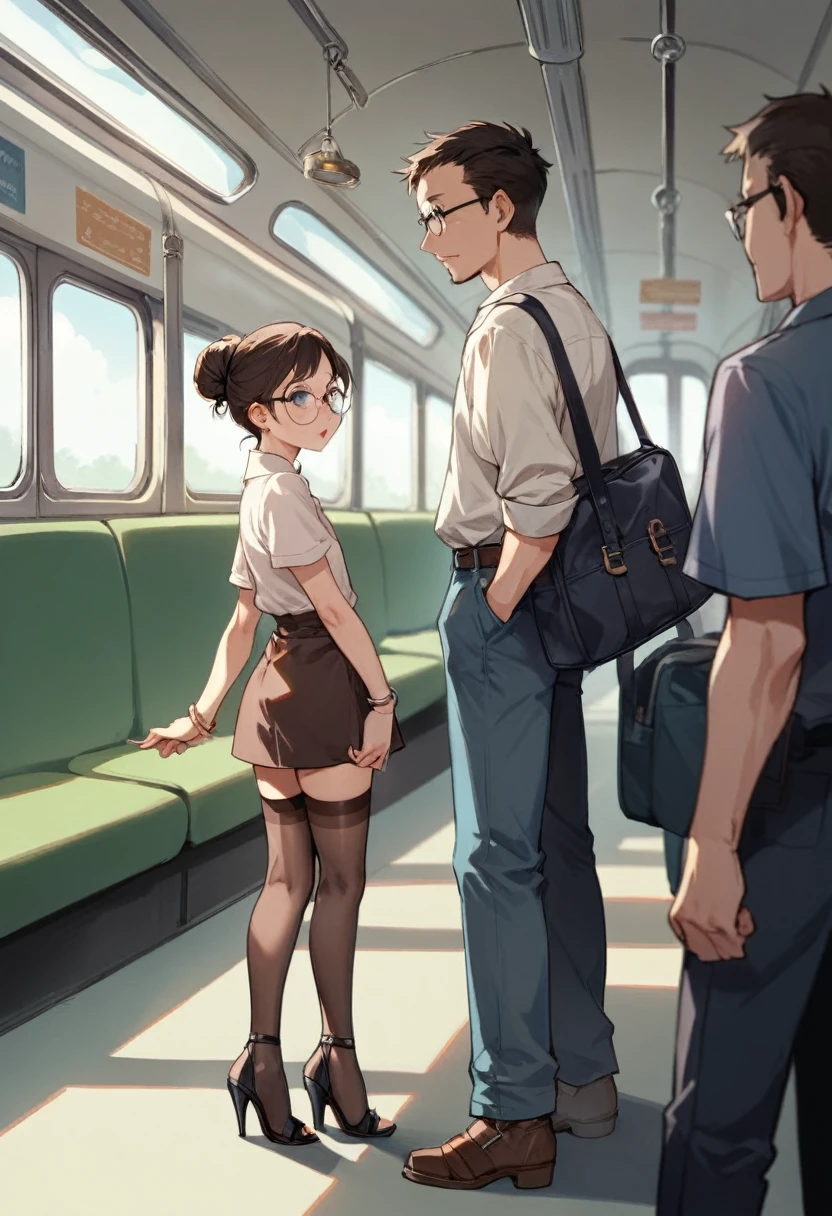 18 men standing around 1 pretty, young, very pretty woman, inside the train car, she is wearing a very short dress, nylon stockings, high-heeled sandals, her hair up in a bun and she is wearing round glasses,