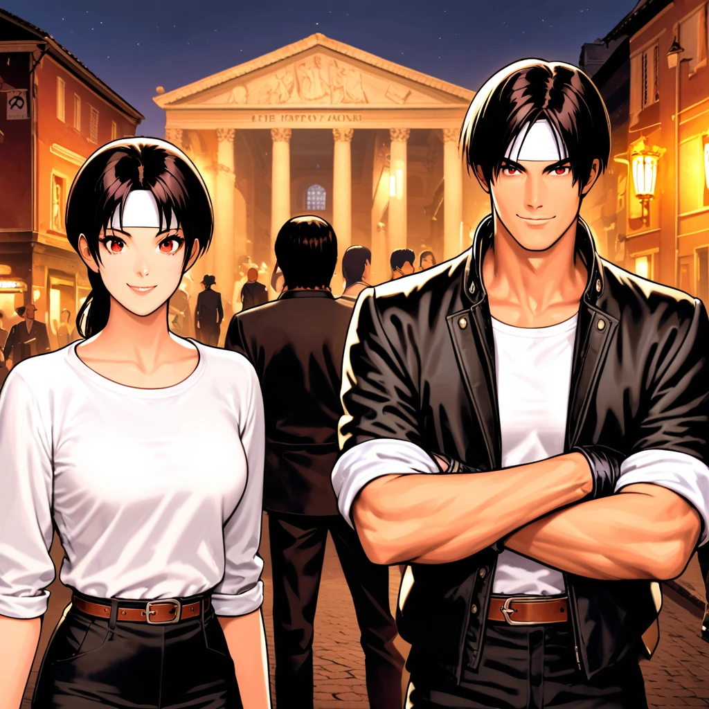 Orochikyo, dark skin, two people, two shot, red eyes, black jacket (rolled up arms), fingerless gloves, black hair, white t-shirt, ((white headband)), black pants, white shoes, brown belt, handsome, shot, charming, masterpiece, high resolution, fine face, fine grain, night, happy smile Man and woman, French pantheon in background, happy smiling man and woman, both men and women have same hairstyle and clothing, woman has man's arm crossed