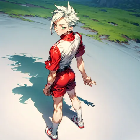 solo character, full body version, kid boy, white color hair, green eyes, bob hairstyle, red shirt, short pants, white shoes, wh...