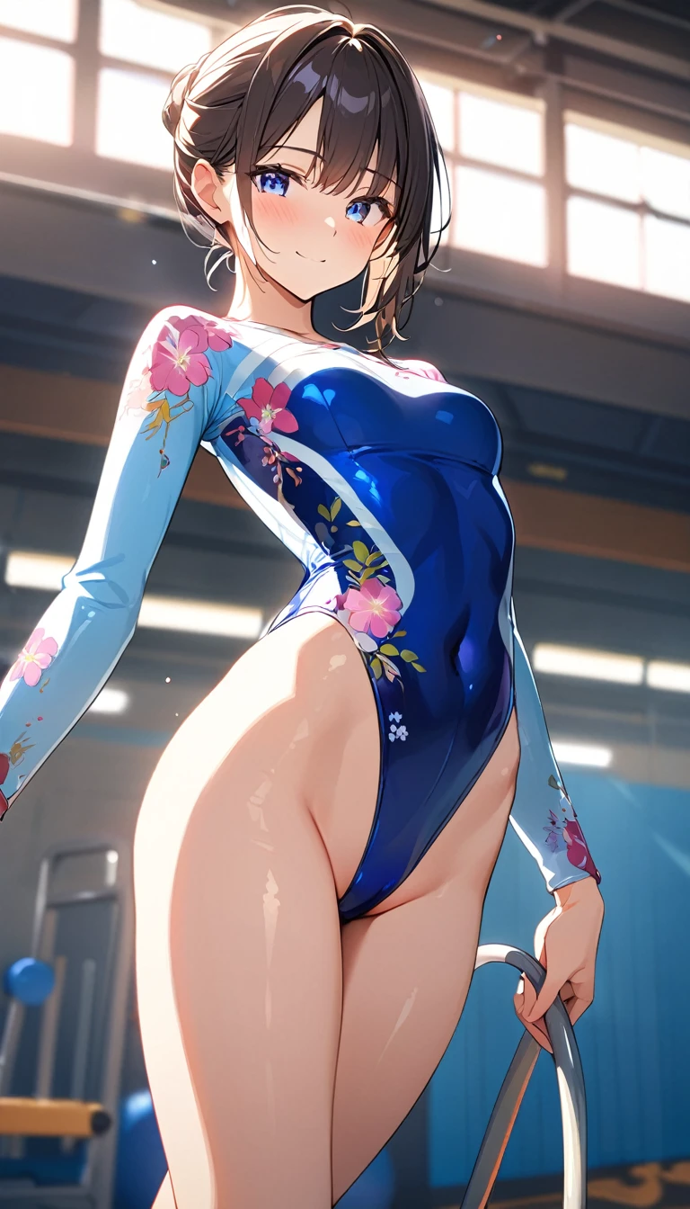 highquality illustration, masterpiece, very delicate and beautiful, attractive girl,(gymnastics leotard, Floral patterns leotard,long_sleeve leotard,high_leg leotard,athletic leotard,tight-fit leotard),thin,slender body,slim,high school,gymnasium background,gymnastics club,gymnastics athlete,princess, beautiful eyes,light smile,(masterpiece, best quality:1.2), highres, extremely detailed CG unity 8k wallpaper, perfect lighting, Colourful, ultra-high res,4K,ultra-detailed, photography, 8K, HDR, 17 ages, 