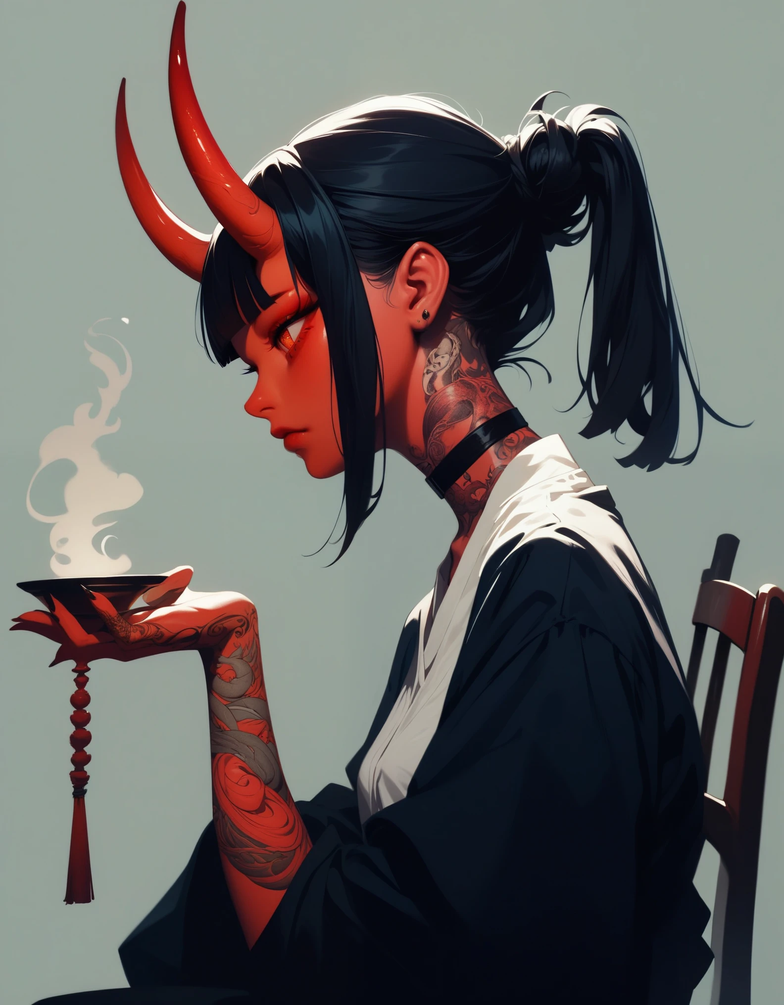 (score_9, score_8_up, score_7_up), zPDXL, 1 girl, alone, profile, pensive look, simple background, dark room, sitting on chair, snake eyes, upper body, tied hair, black hair, simple clothes, horns, white shirt, holding incense, tattoos, incense releasing smoke, black choker, background of a room, red oni horns, face resting on hand, black kimono, blunt bangs, dark aura, tattoos all over body, side view