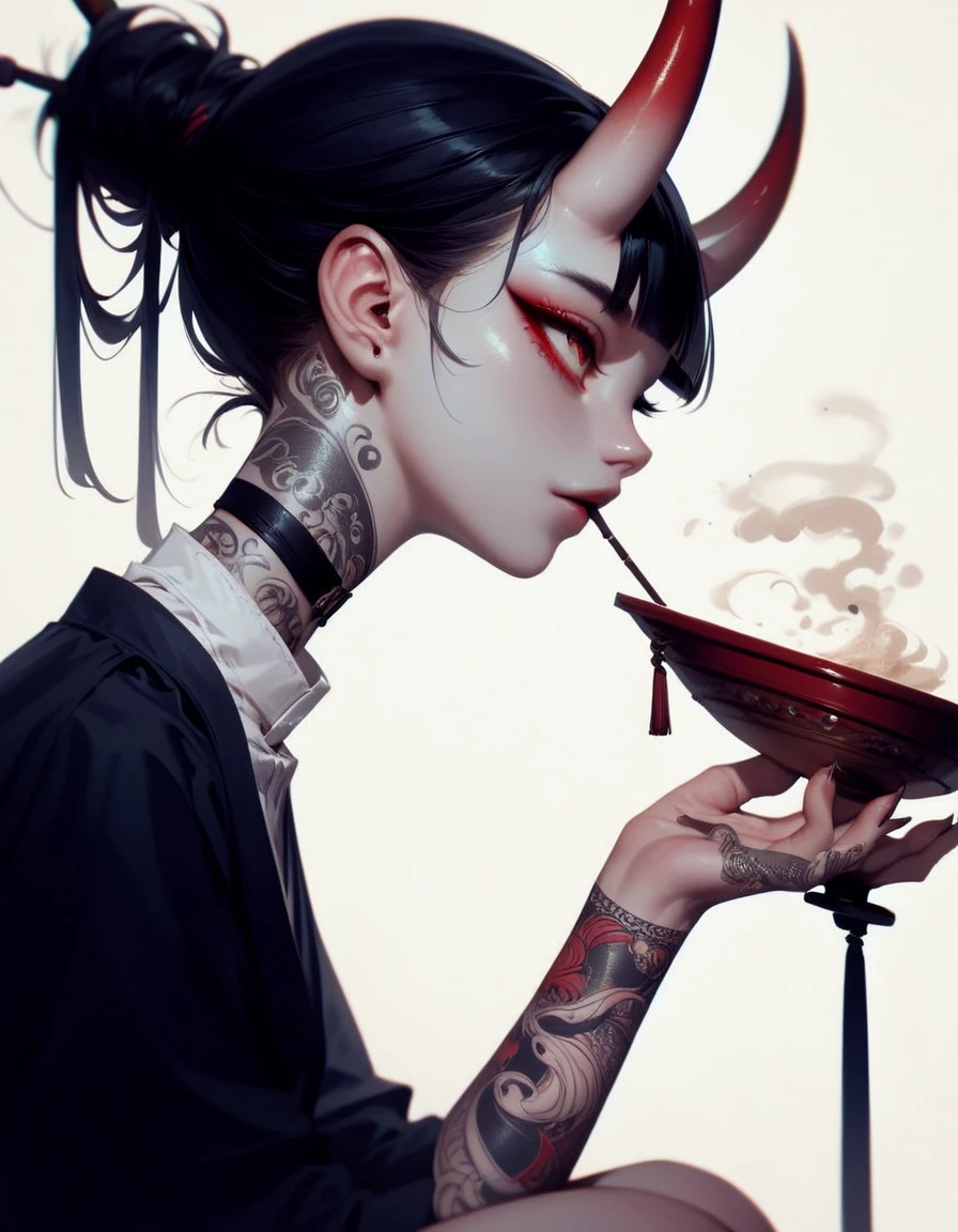 (score_9, score_8_up, score_7_up), zPDXL, 1 girl, alone, profile, pensive look, simple background, dark room, sitting on chair, snake eyes, upper body, tied hair, black hair, simple clothes, horns, white shirt, holding incense, tattoos, incense releasing smoke, black choker, background of a room, red oni horns, face resting on hand, black kimono, blunt bangs, dark aura, tattoos all over body, side view