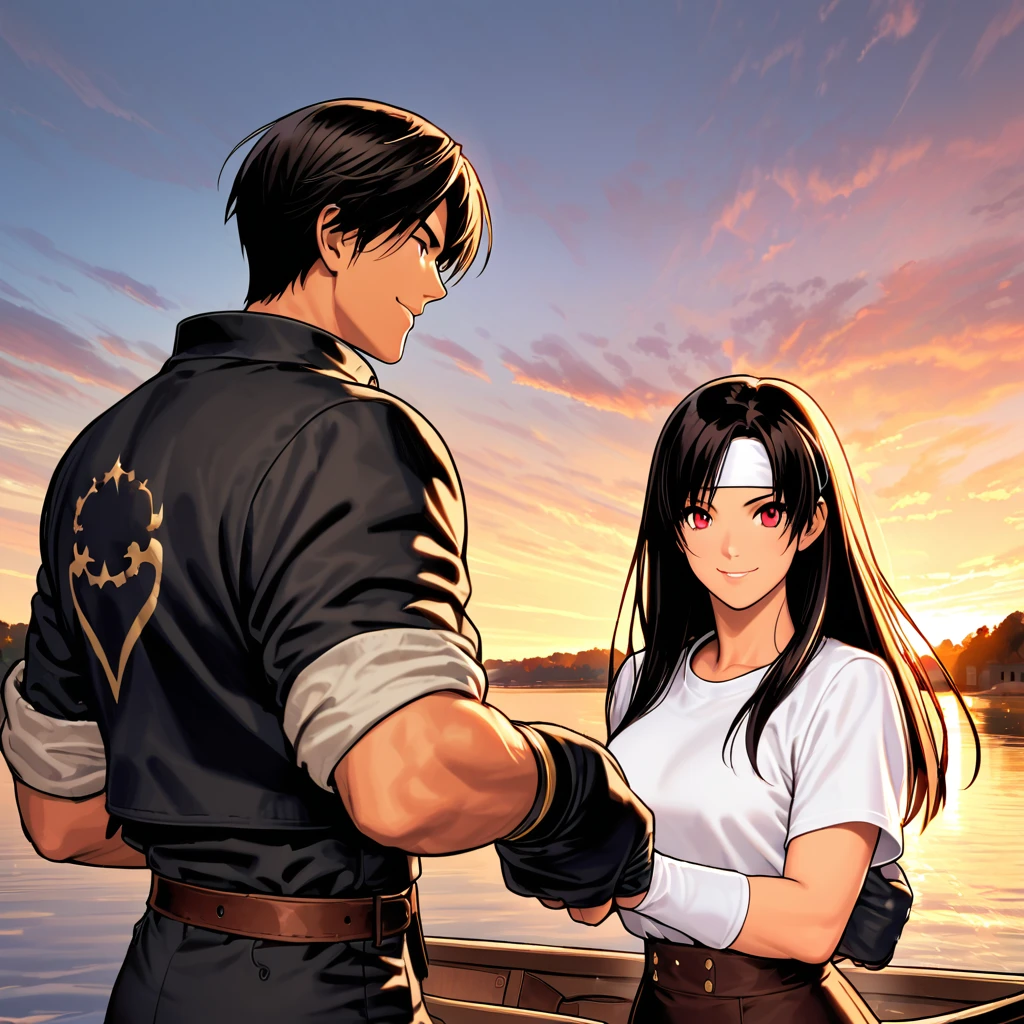 Orochikyo, dark skin, two people, two shots, red eyes, black jacket (rolled up arms), fingerless gloves, black hair, white T-shirt, ((white headband)), black pants, white shoes, brown belt, handsome, shot, charming, masterpiece, high resolution, fine face, fine grain, morning, big sky, confident smile, France, man and woman in same hair and clothes looking at river in flat bottom boat in Petit Venise smiling, France, laughing looking at the river in a flat-bottomed boat in Petit Venise with his girlfriend, man and woman with the same hair and clothes, putting gloves back on