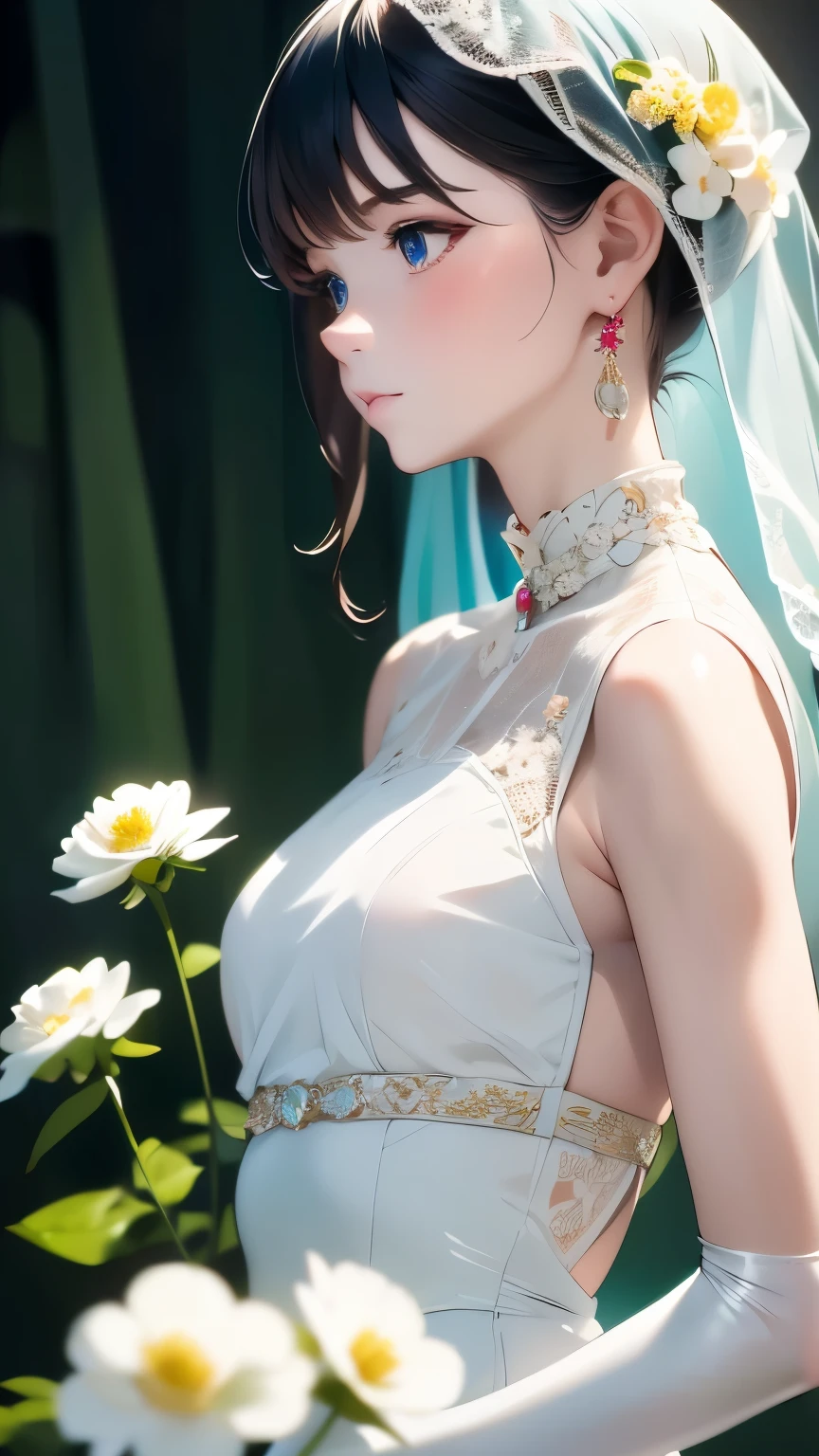 一人の女の子, イヤリング, ベール, ジュエリー, 一人で, wedding ドレス, 花束,  ドレス, bridal ベール, 花, elbow 手袋, white ドレス,  手袋, 胸, 花嫁, 上半身, 横から, プロフィール, white 手袋, 薔薇, medium 胸, 口を閉じた, hoop イヤリング, white 花, holding 花束