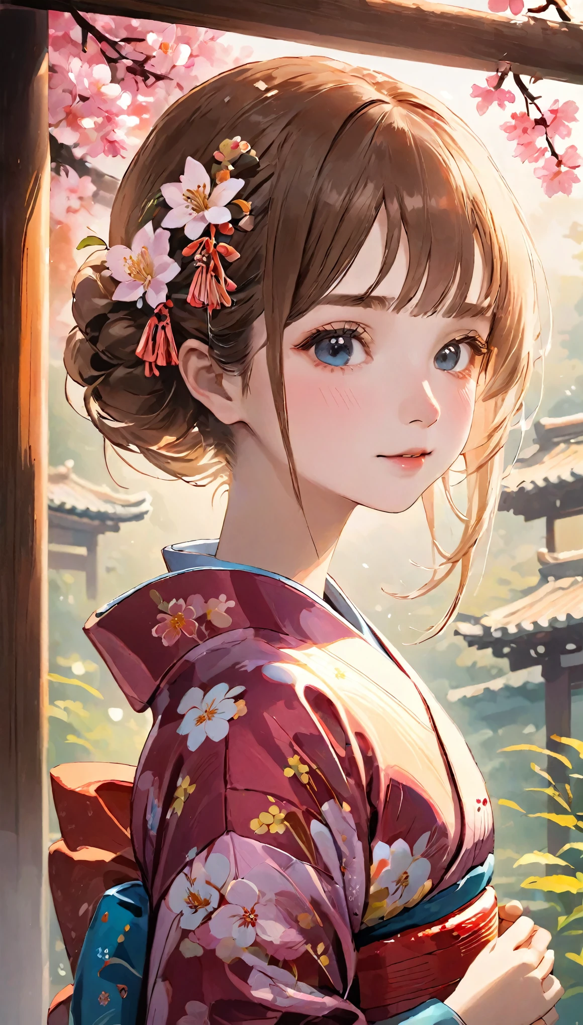 RAW-Fotos、realistisch、höchste Qualität、Meisterwerk、Girl Im Kimono costume with flowers in her hair, süße Waifu in einem schönen Kleid, 美しいPorträt eines Mädchens, Junges Mädchen, Im Kimono, Im Kimono, hübsches Mädchen, Schöne Mädchen, hübsches Mädchen portraits, Palast ，Girl Im Kimono, hübsches Mädchen, Gweiz-style artwork, Porträt eines Mädchens