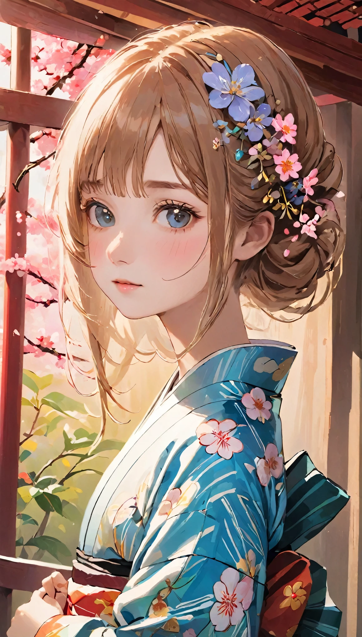 RAW-Fotos、realistisch、höchste Qualität、Meisterwerk、Girl Im Kimono costume with flowers in her hair, süße Waifu in einem schönen Kleid, 美しいPorträt eines Mädchens, Junges Mädchen, Im Kimono, Im Kimono, hübsches Mädchen, Schöne Mädchen, hübsches Mädchen portraits, Palast ，Girl Im Kimono, hübsches Mädchen, Gweiz-style artwork, Porträt eines Mädchens