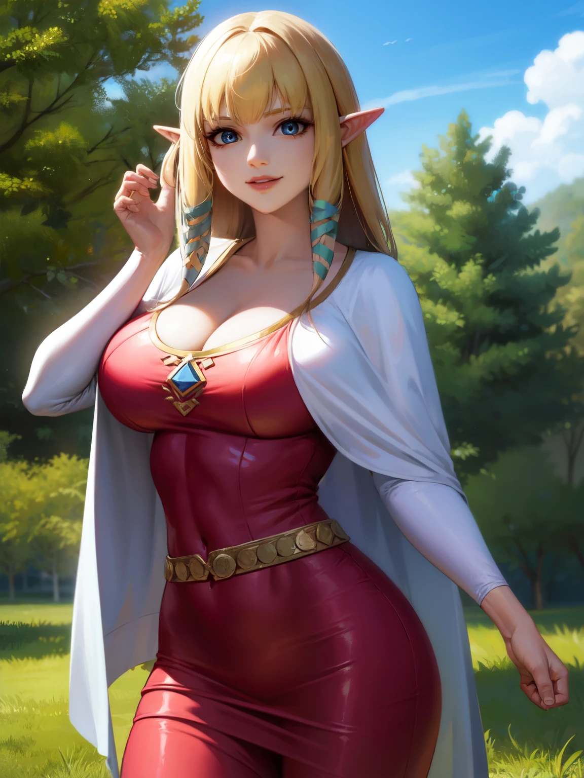 princesszelda, zelda skyward sword, blonde hair, blue eyes, long hair, pointy ears, sidelocks, elf, bangs, blunt bangs, ribbons, hair ribbons, smile,
BREAK belt, cape, dress, long sleeves, (pink dress:1.2), (white cape:1.2),
BREAK outdoors, nature, forest, trees, grass, sun, sky, clouds,
BREAK looking at viewer,
BREAK (masterpiece:1.2), best quality, high resolution, unity 8k wallpaper, (illustration:0.8), (beautiful detailed eyes:1.6), extremely detailed face, perfect lighting, extremely detailed CG, (perfect hands, perfect anatomy), cleavage