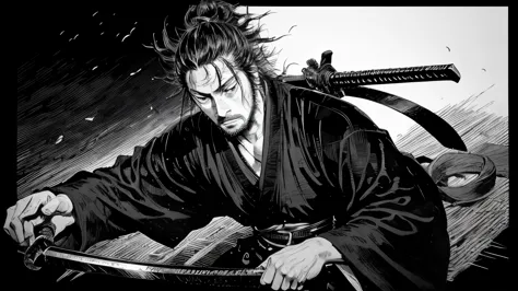 a black and white photo of a man holding a sword, miyamoto musashi, inspired by kanō sanraku, tsutomu nihei art, tsutomu nihei s...