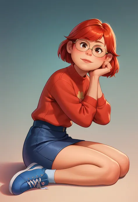 may lee, red hair, eyes browns, tilt your head, cowboy shot, thin glasses, blue flared skirt, ((red sweater)), bared shoulders, ...