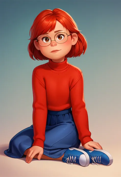 may lee, red hair, eyes browns, tilt your head, cowboy shot, thin glasses, blue flared skirt, ((red sweater)), bared shoulders, ...