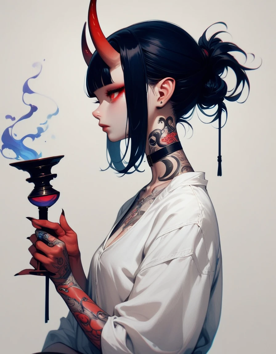 (score_9, score_8_up, score_7_up), zPDXL, 1 girl, alone, profile, pensive look, simple background, dark room, sitting on a chair, snake eyes, upper body, tied hair, black hair, simple clothes, horns, white shirt, holding incense, tattoos, incense releasing smoke, black choker, background of a room, red oni horns, blunt bangs, dark aura, tattoos all over body, side view